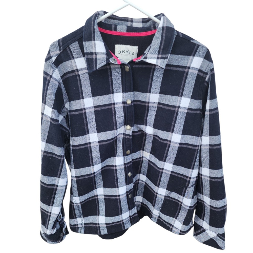 Orvis Women XXL Black White Plaid Fleece Lined Flannel Shirt Jacket Snap Front‎